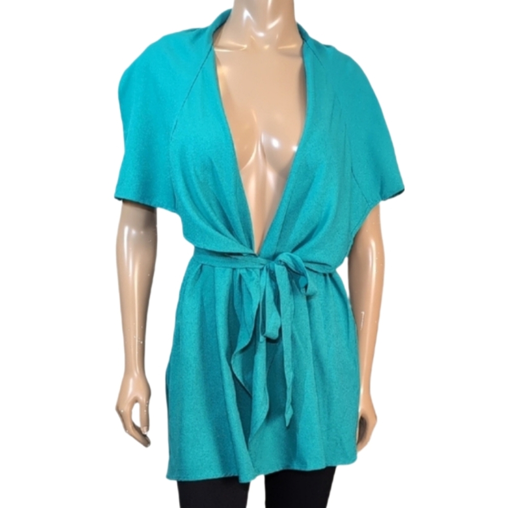 NEW Revamped Flowy Tie Waist Cardigan Womens Medium Turquoise Green Jacket